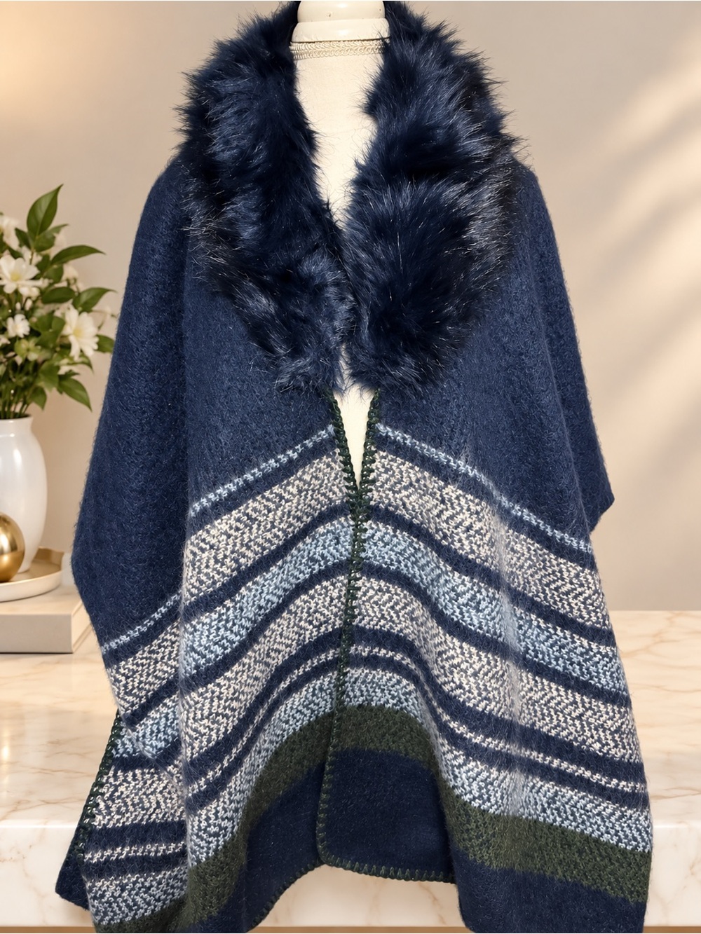 Accessories St Faux Fur Collar Navy Knit Poncho Topper